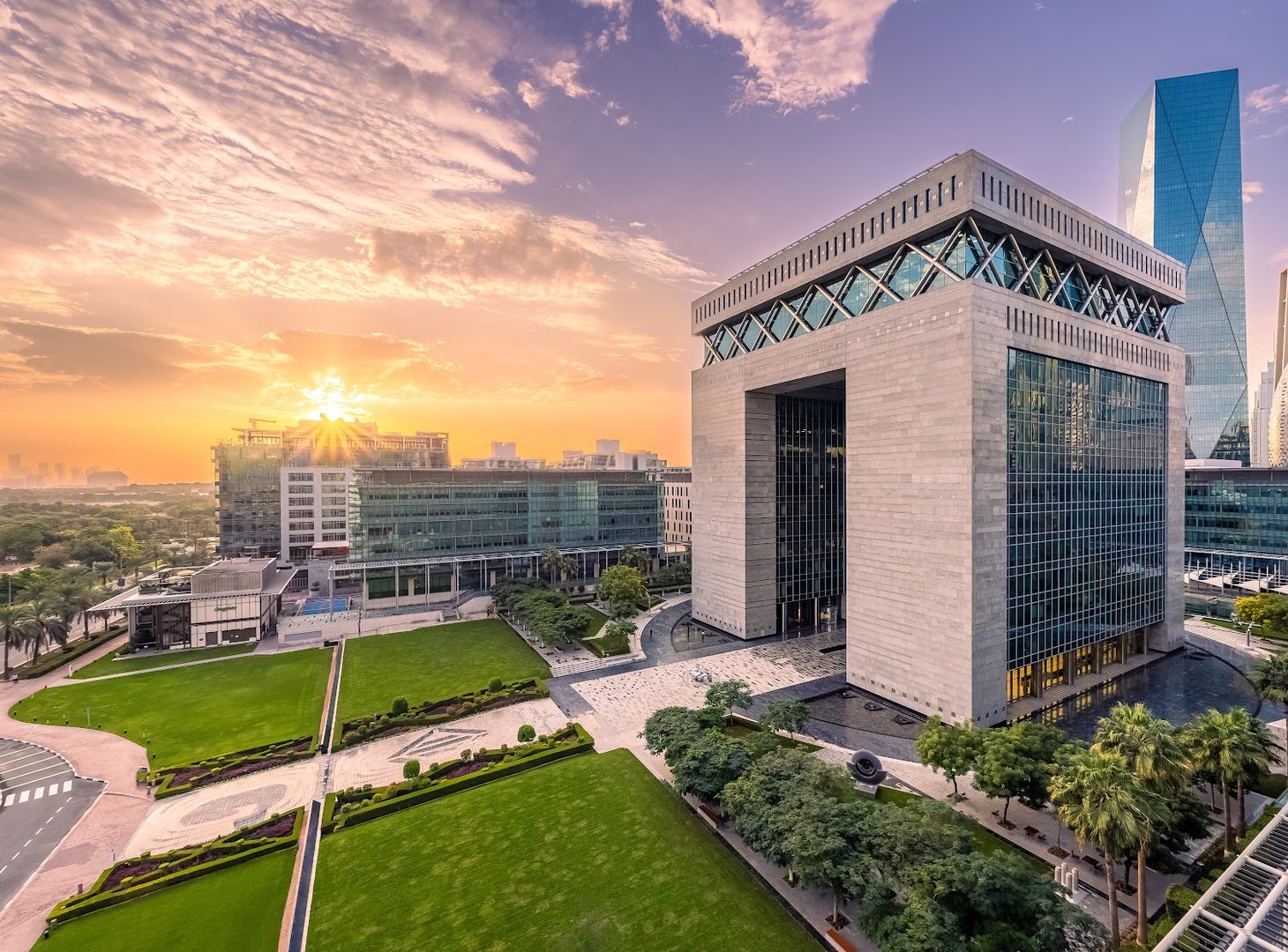 DIFC Gate Building and Innovation Hub at sunset, Dubai